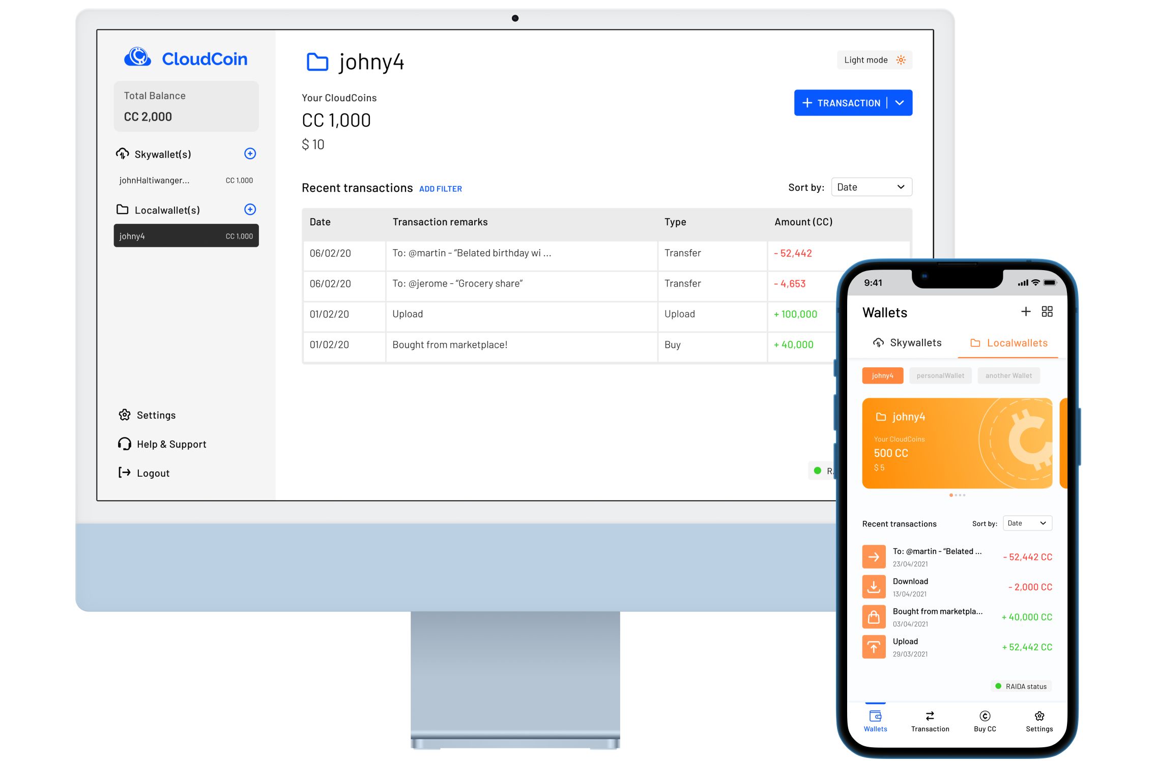 The thumbnail is a graphical user interface for the CloudCoin wallet consisting of dashboard screen in a iMac and dash board screen inside a iPhone mockup.
