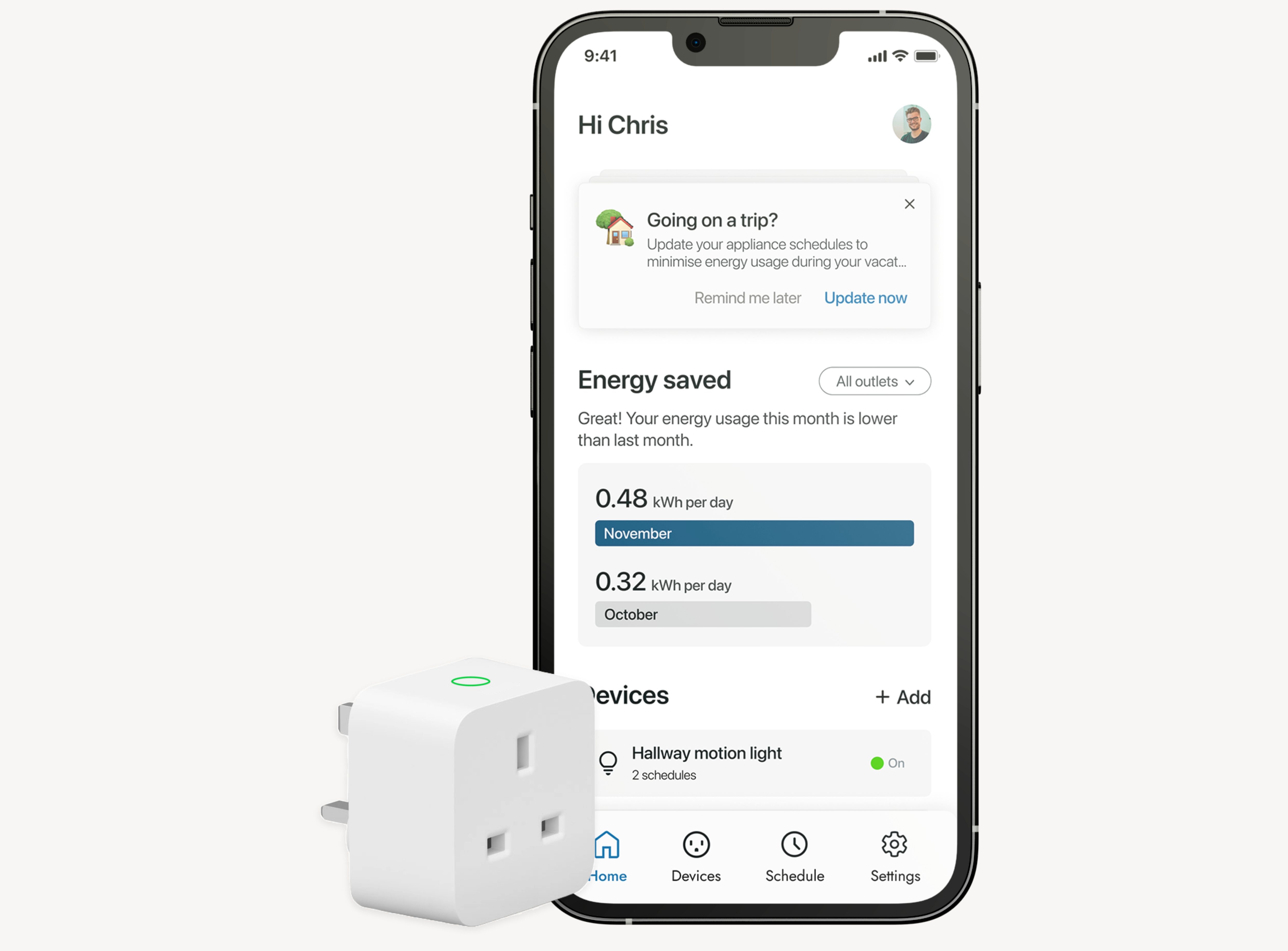 The thumbnail is a graphical user interface for the EWise app consisting of dashboard screen in a iPhone mockup with a physical smart-plug. 