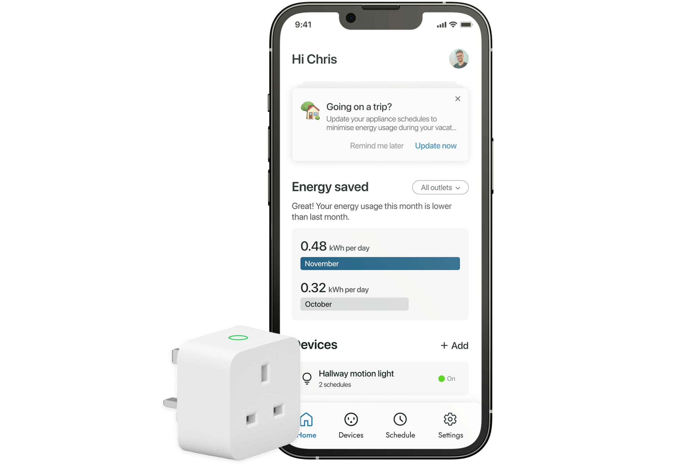 The thumbnail is a graphical user interface for the EWise app consisting of dashboard screen in a iPhone mockup with a physical smart-plug. 