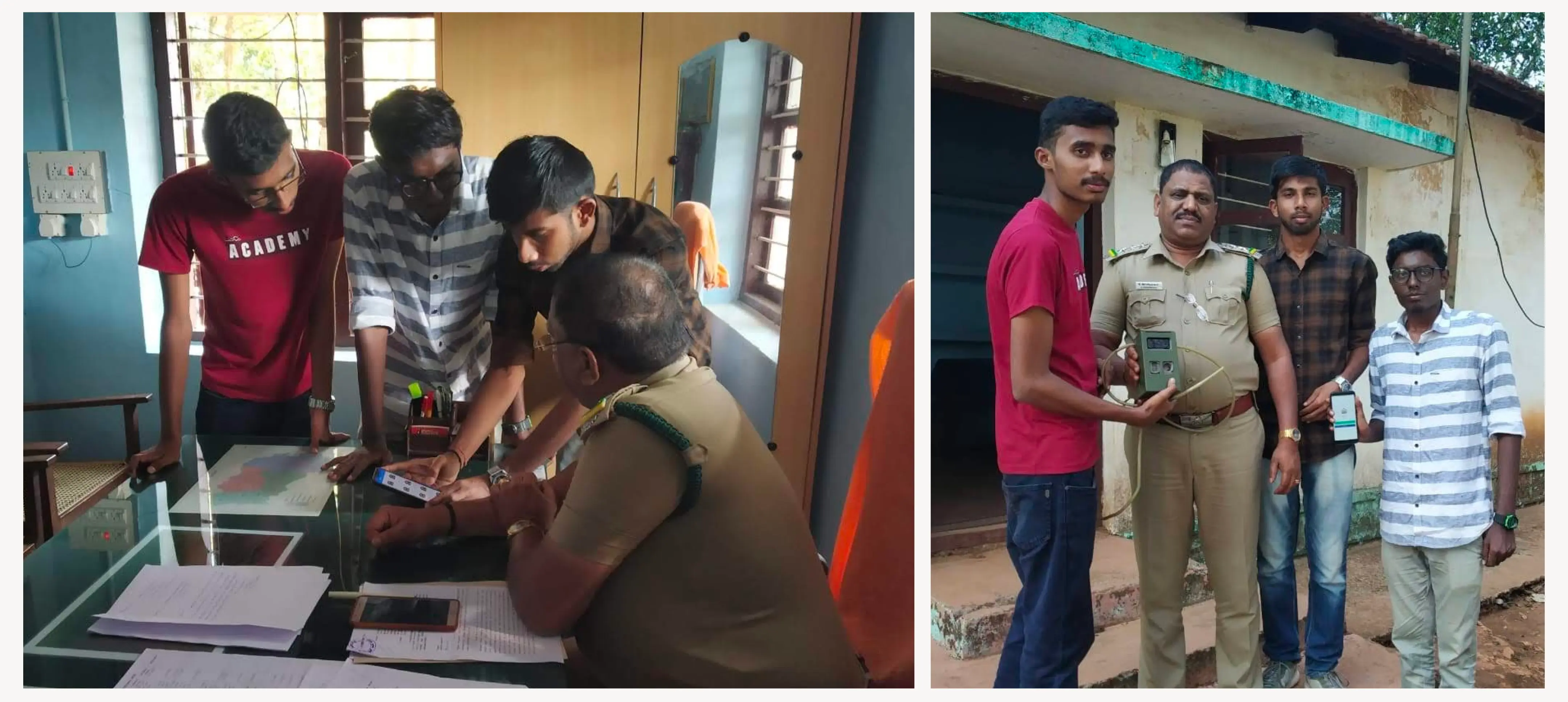 Collage of two images. In the left image, three young adults are demonstrating the use of an app to a forest official, with various papers and mobile devices spread out on the table. The right image shows the same group outdoors, proudly displaying a camera prototype and the mobile app, representing the final outcome of their efforts.