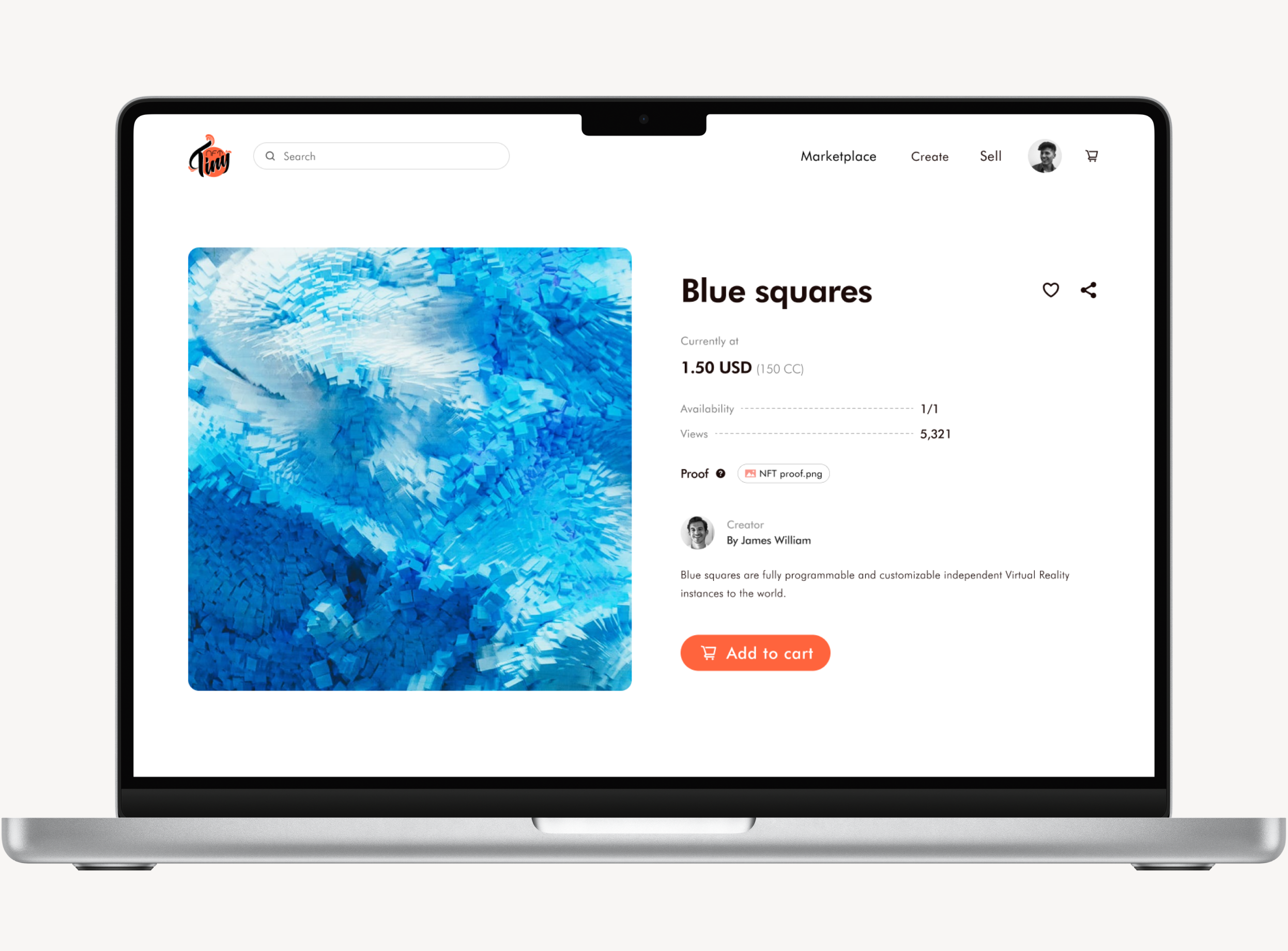 The thumbnail is a graphical user interface for the TinyNFT NFT page inside a MacBook mockup.