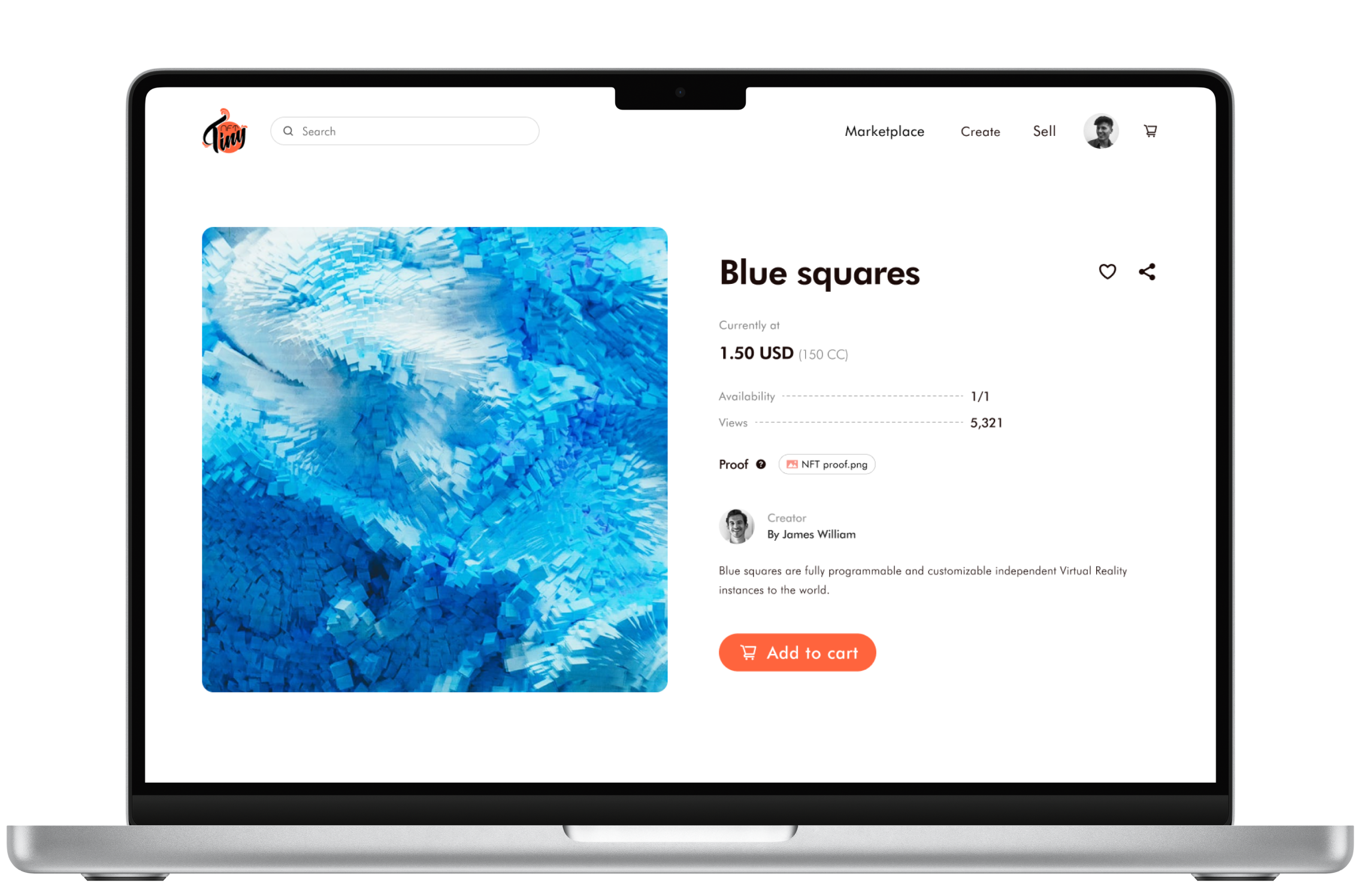 The thumbnail is a graphical user interface for the TinyNFT NFT page inside a MacBook mockup.