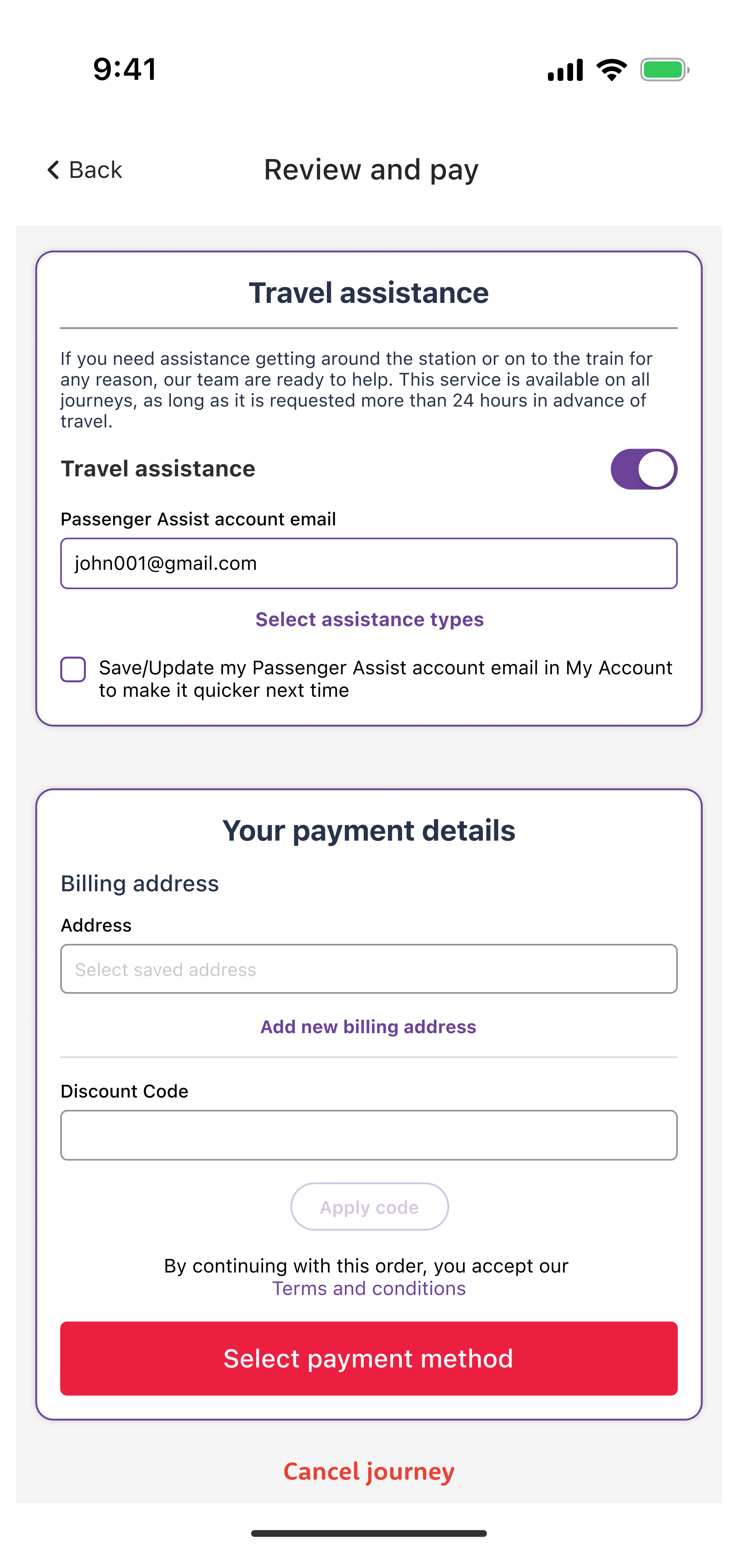 Travel Assistance Selected